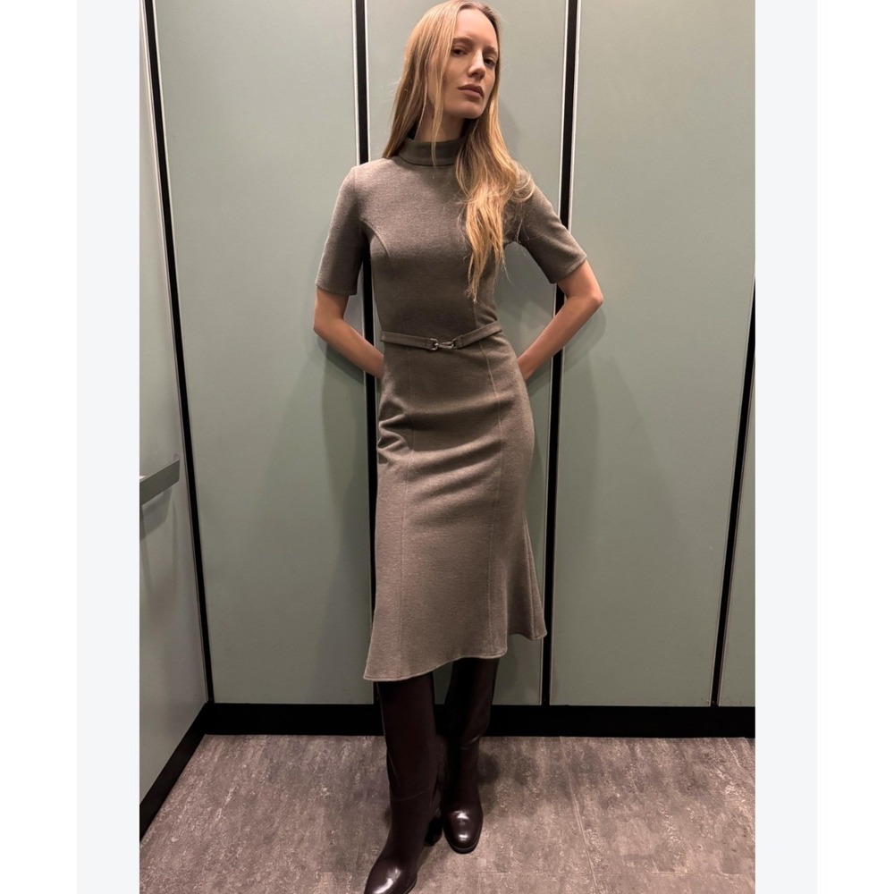 Zara Belted Elegant Structured Knit Midi Dress Size S Dark Academia Minimalist